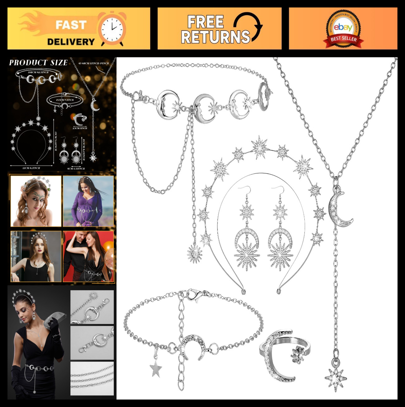 6 Pcs Celestial Crown Moon Star Headband & Earrings Set for Bride Wedding Costum