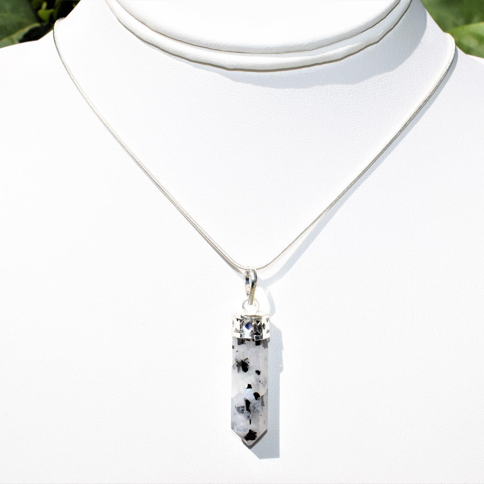 Faceted Rainbow Moonstone Point Pendant + 20″ Stainless Steel Chain + Charger