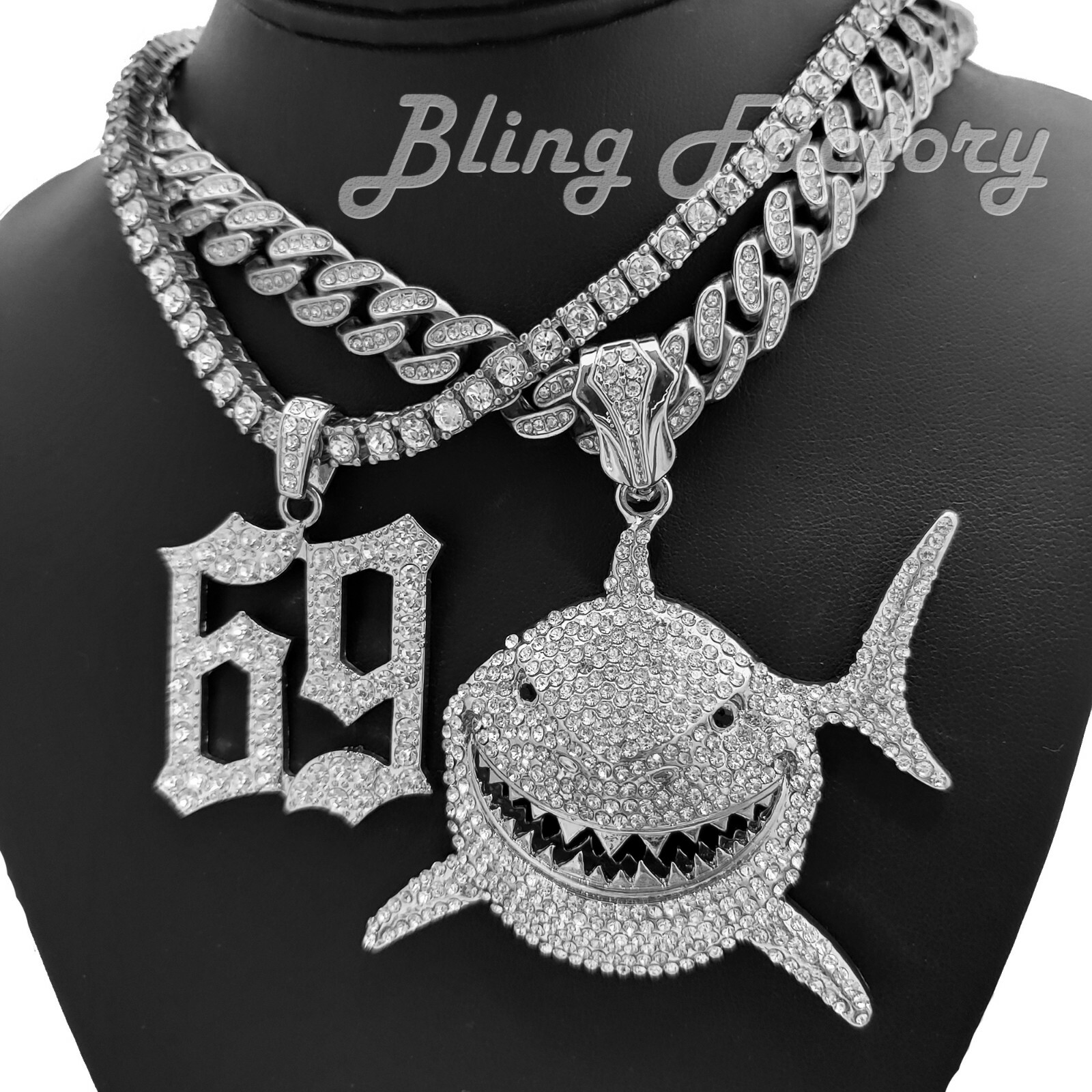 Silver Plated Alloy Shark 69 Cubic Zirconia 18″ Iced Cuban 1 Row Chain Necklace