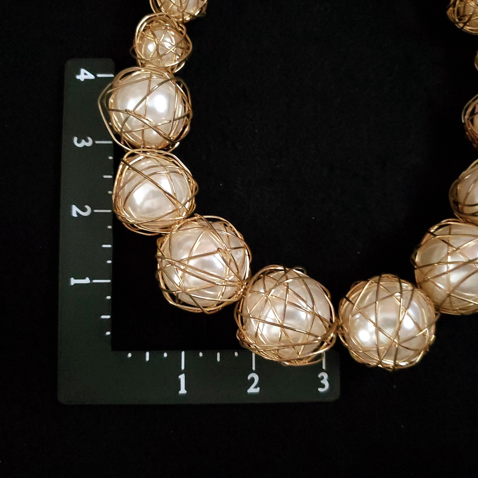 Chunky Statement Necklace Gold Tone Wire Wrap Faux Pearls Runway 23″