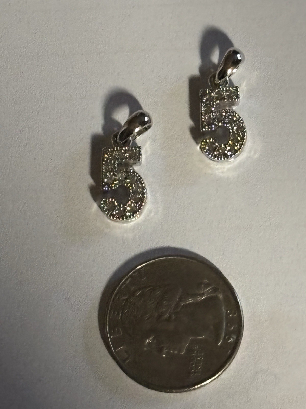 Set of Two Number 5 Charms Pendant Silver Tone Sparkling Rhinestones 1/2