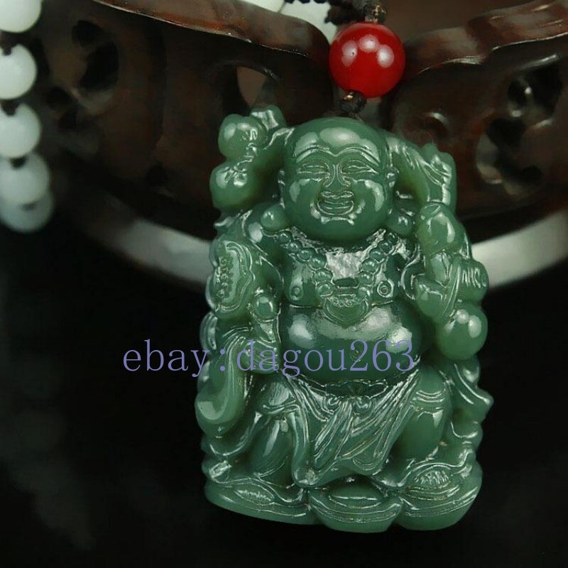 Certified natural Hetian green jade laughing Maitreya Buddha square pendant