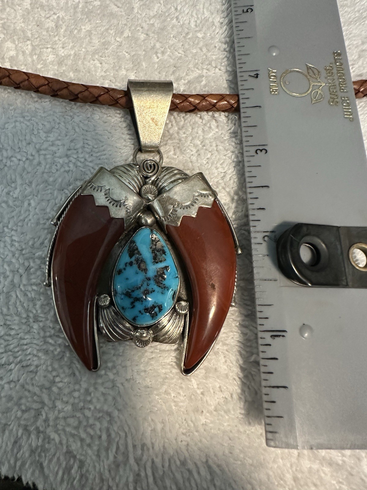 Native Made Signed RB925 Sterling Silver Turquoise & Jasper Pendant Necklace 22″