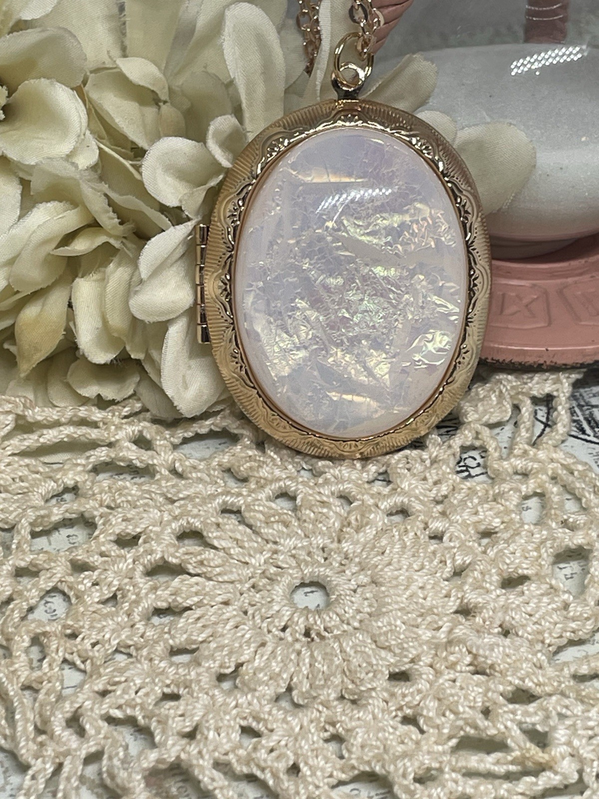 Rose Gold Photo Locket Opal Wedding Necklace Mom Daughter Birthday Anniversary
