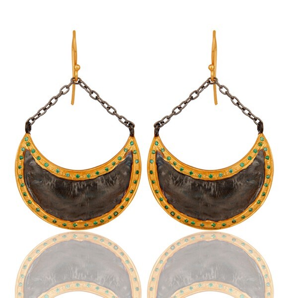 Two Tone Crescent Moon Wire Hook Earrings With Green Zircon For Wedding Jewelry