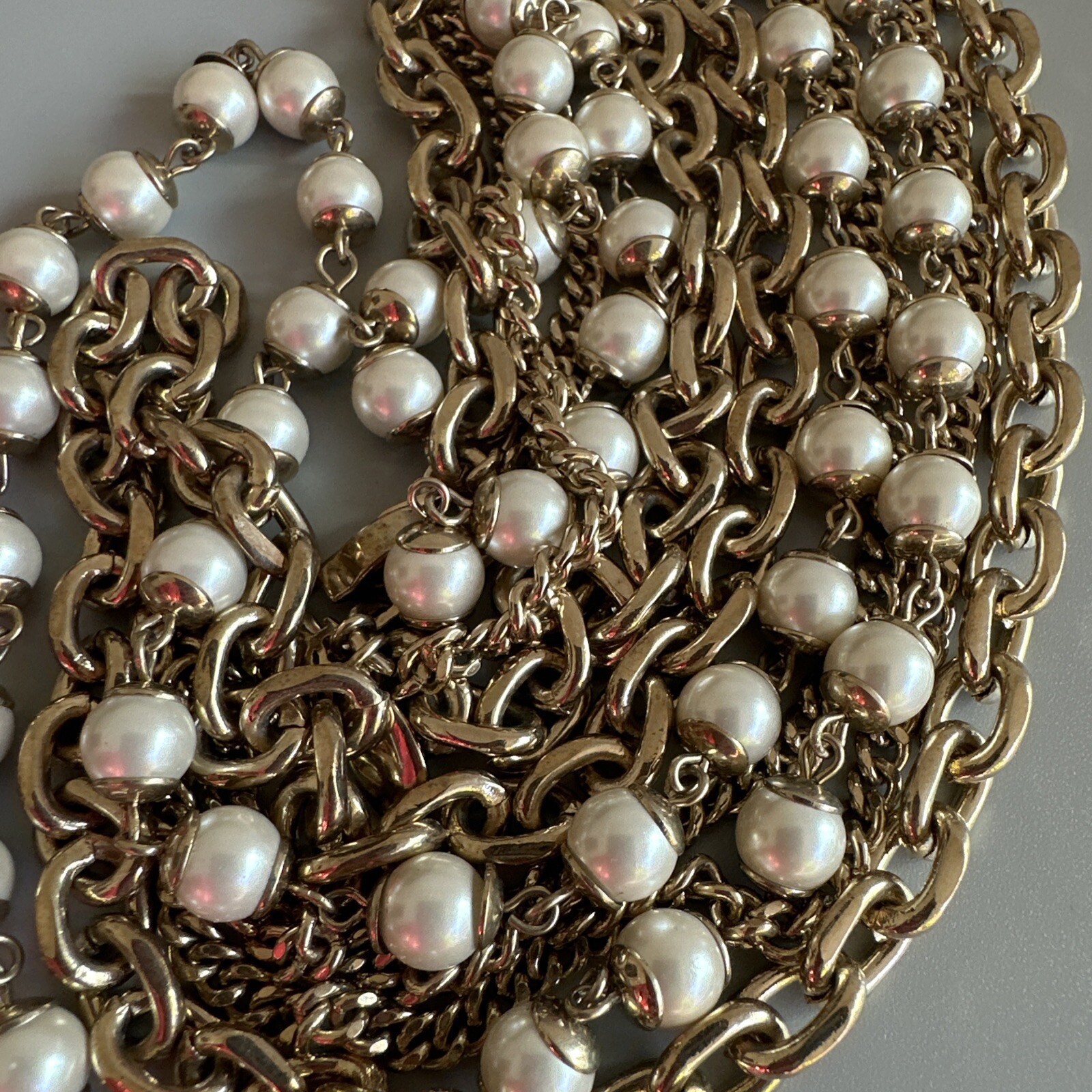 Ann Taylor Gold Plated Pearl Layered Chains Necklace Massive Long 30in. 20mm