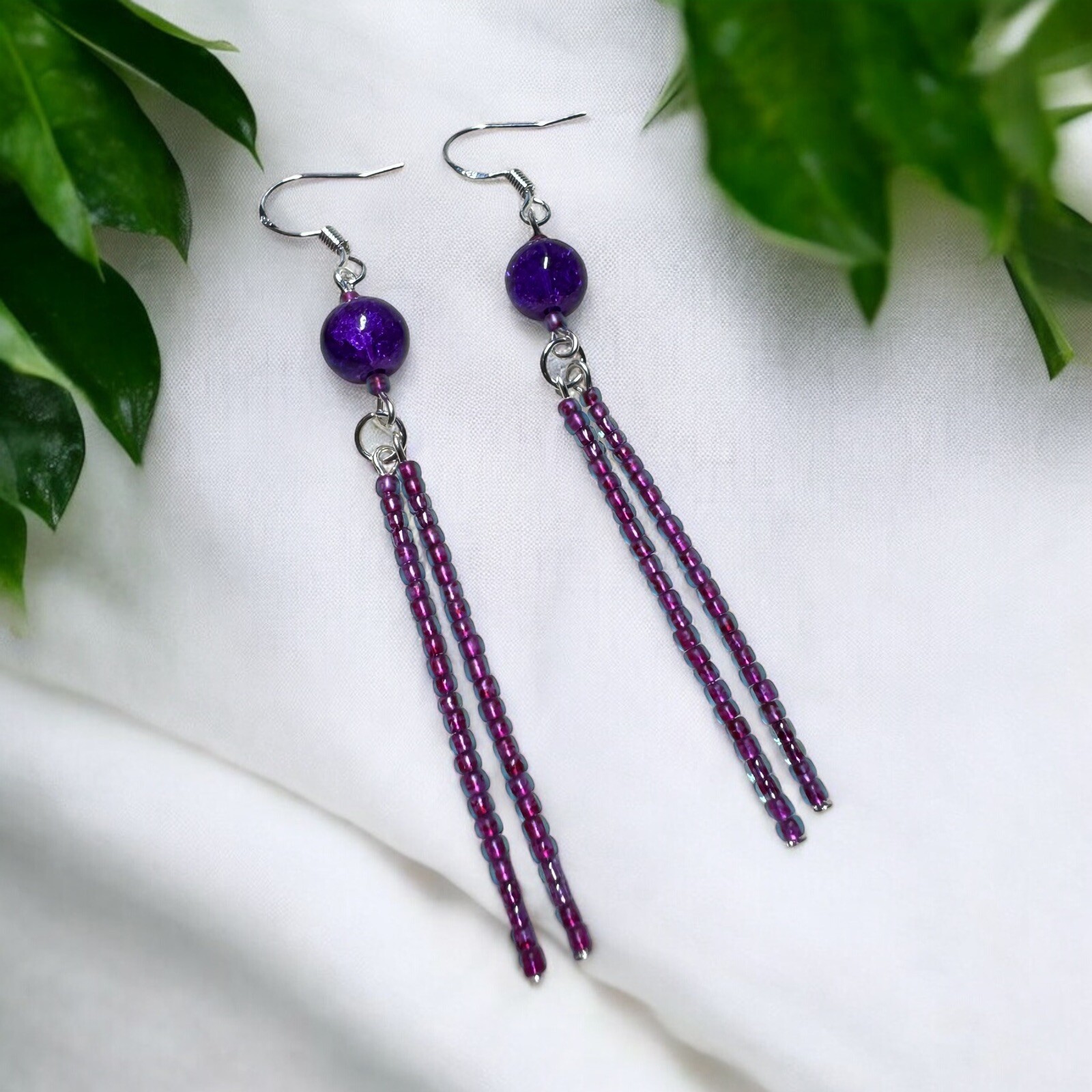 Purple Seed Bead Crackle Glass Beaded Dangle Drop Stick Earrings 3.25” Long