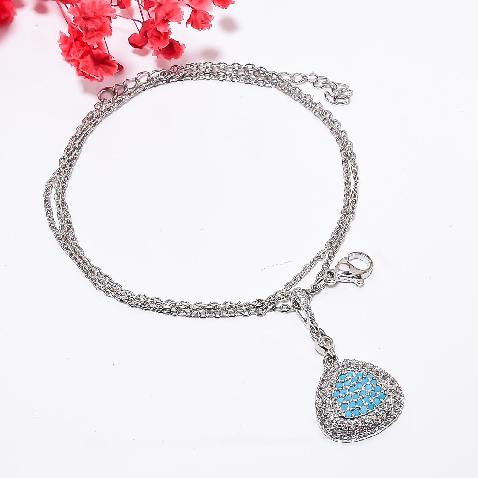 Sleeping Beauty Turquoise & Cz 925 Silver Pendant With Chain 18-20″ CP5514