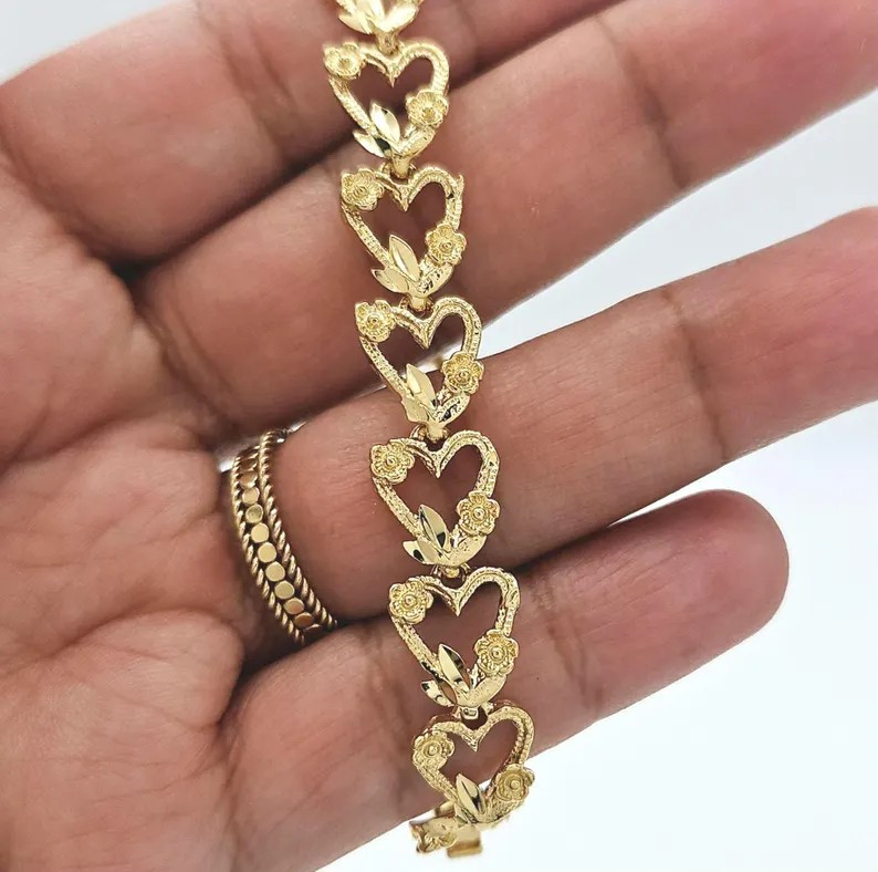 Hearts & Roses Bracelet, Diamond Cut Heart Bracelet, Available in Gold or Silver