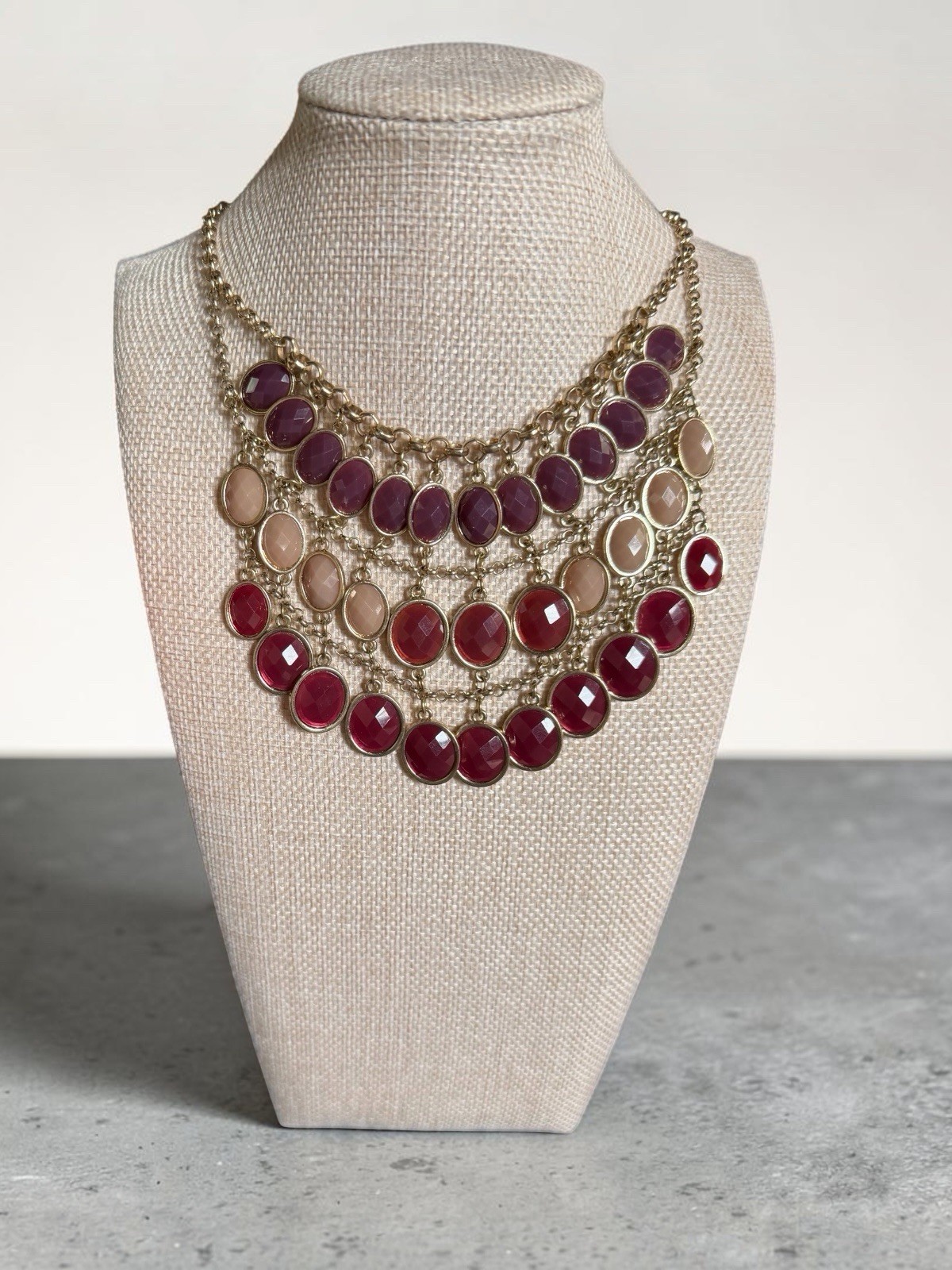 Gold Tone Statement Bib Multi-Strand Necklace w/ Red Purple Clear Crystals