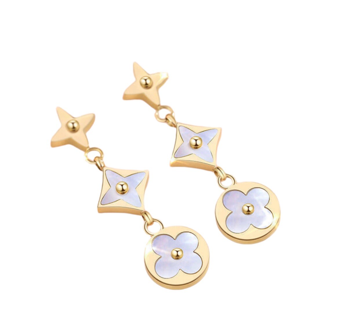 18k Gold Plated Shell Gem Flower Dangling Stud Earrings