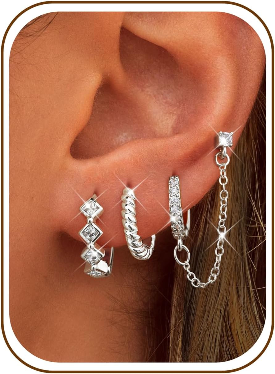 3 Pairs 14K Gold Plated Stud Hoop Earring Stacks for Women Trendy Chain Dangle H