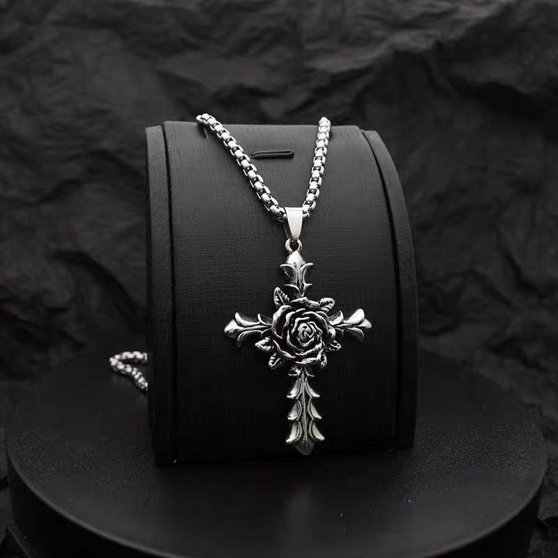 Vintage Stainless Hip Hop Punk Steel Fashion Rose Cross Pendant Jewelry Necklace