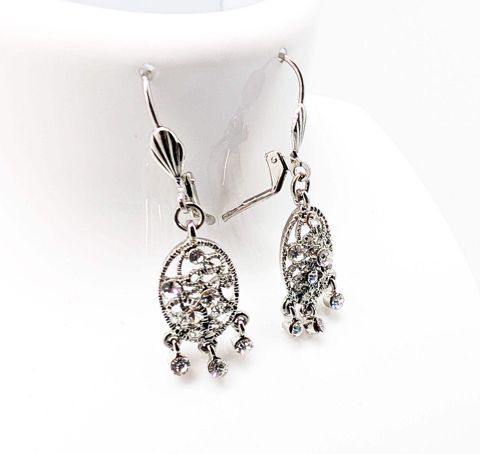 DESIGNER INSPIRED 2 in CLEAR CRYSTAL SILVER TONE FILIGREE LEVER BACK EARRINGS