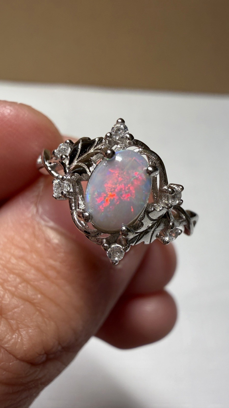 Solid Opal Ring Natural Australian Silver Red Green Fire Fairy Floral Gift #0180