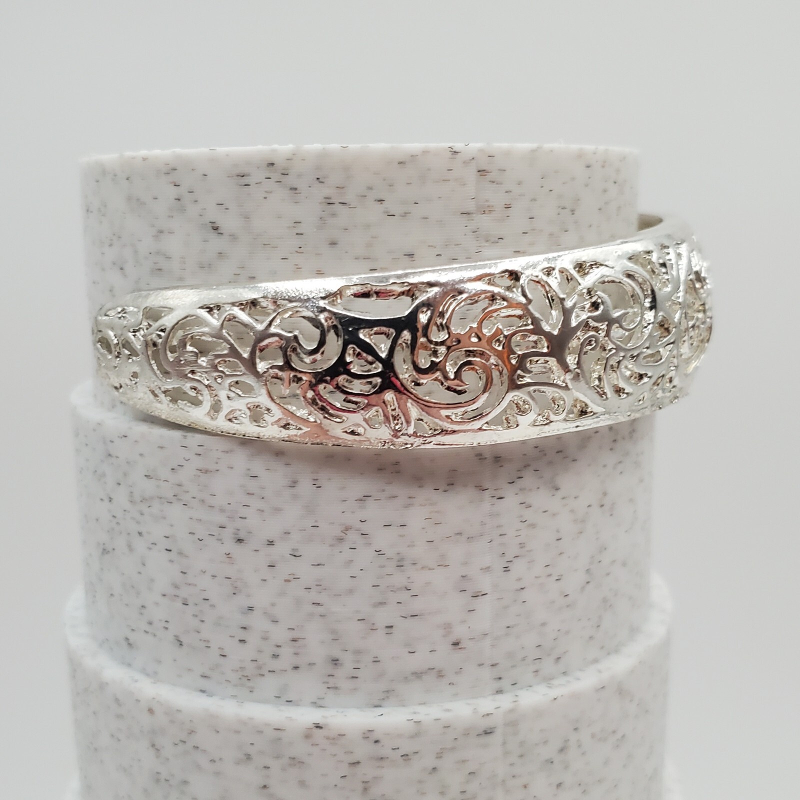 Filagree Cuff Bracelet 6in Polished Silver Tone Metal Small Wrist Snug Fit
