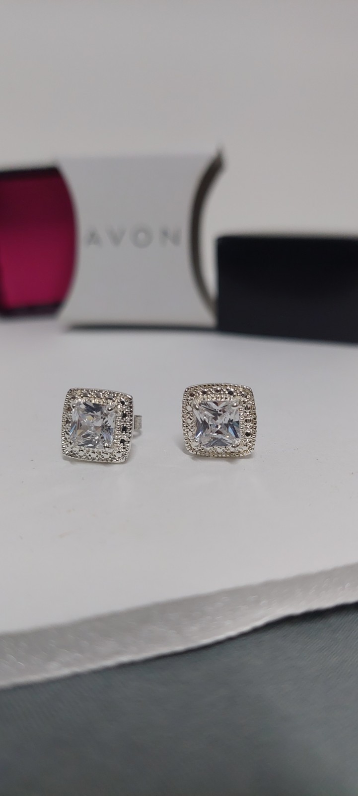 Avon Brilliant CZ Princess Square Halo Stud Earrings Silver Tone Butterfly Back