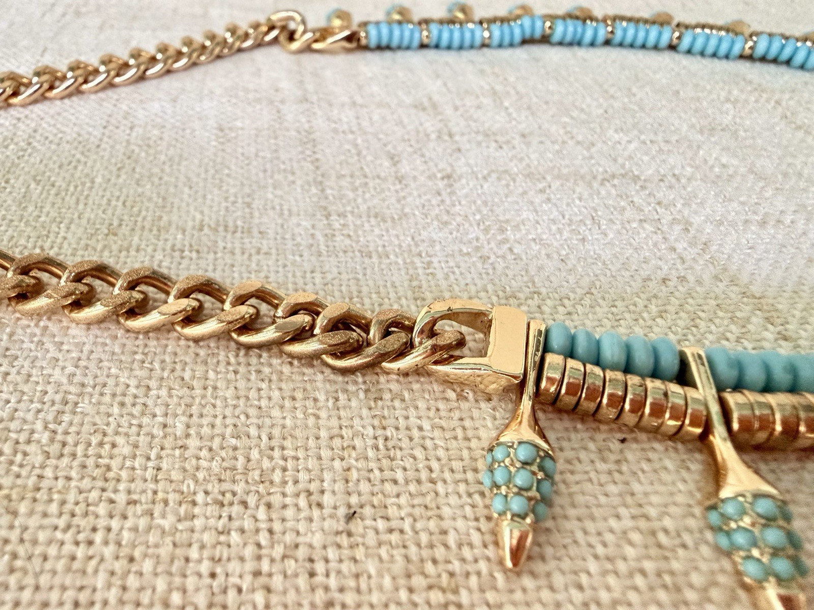 Modern Atterri Turquoise Beaded Crescent Horn Necklace Gold Tone Boho