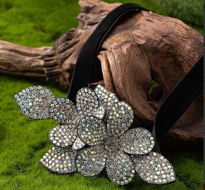Stunning & Elegant Fabric and Rhinestone Flowers – Statement Choker Necklace