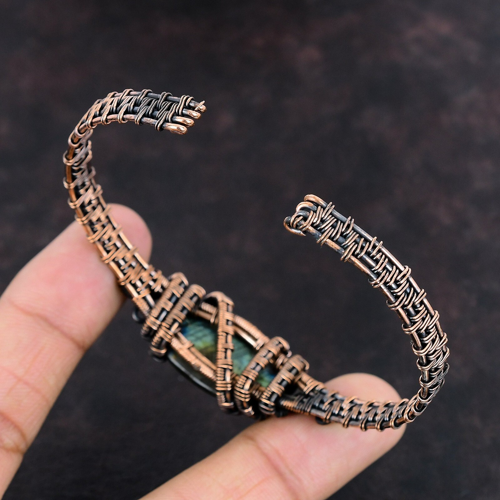 Gift For Her Natural Labradorite Bangle Wire Wrapped Adjustable Unknown Copper