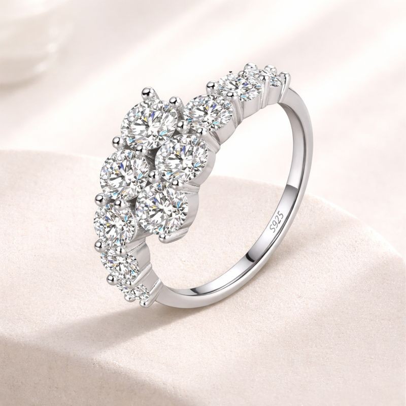925 Sterling Silver Multi-Stone Cluster Ring Round Brilliant Cut Zircon Wedding