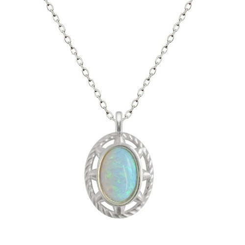 925 Sterling Silver Oval Synthetic Opal Pendant Necklace Korean Jewelry