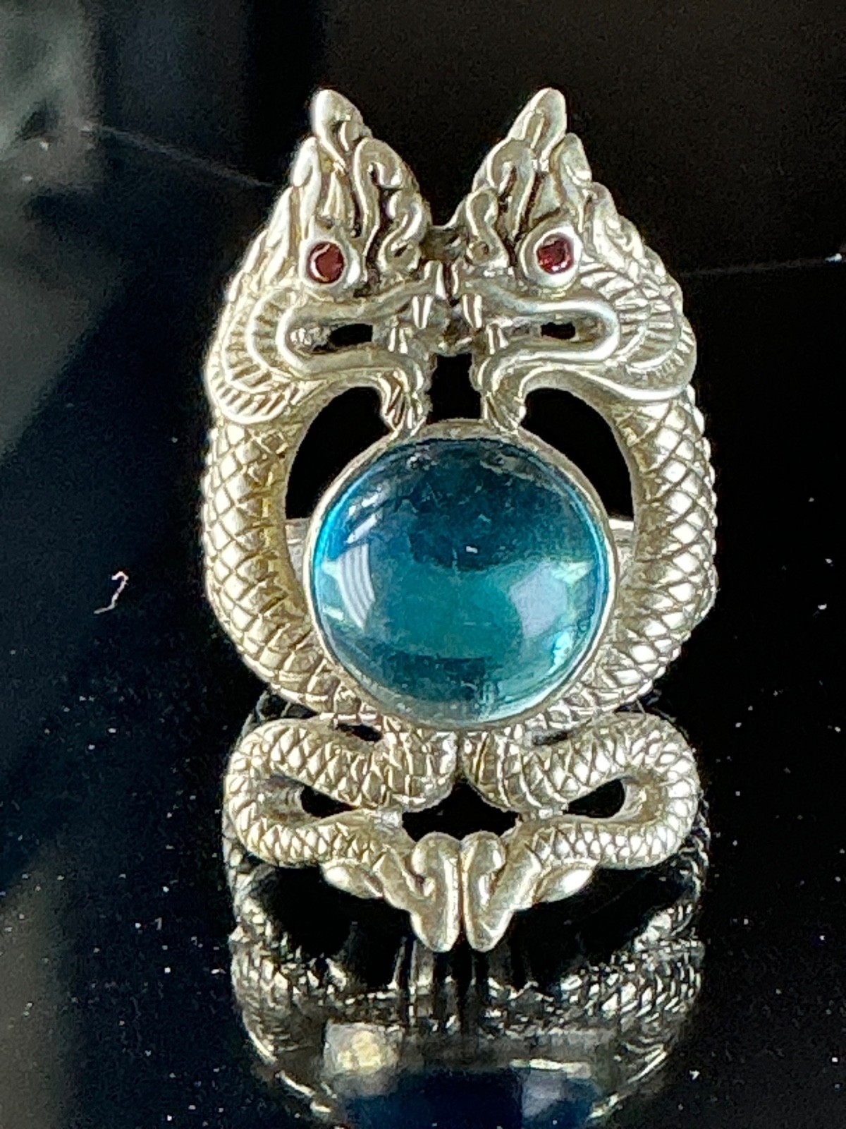 Vintage Blue Stone Twin Naga Unique Style Silver Ring Size 8