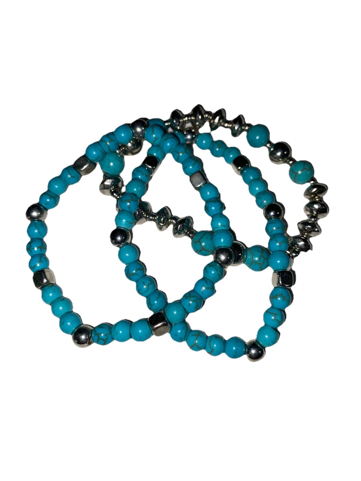 Set Of 2 Turquoise Beaded Stretch Bracelets Size Large 7-1/2 Inches