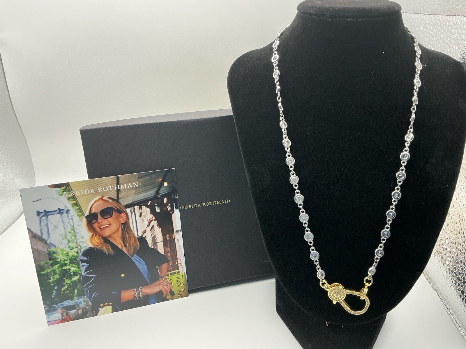 Freida Rothman Crystal Station Necklace Two Tone Pavé Carabiner Clasp 18”