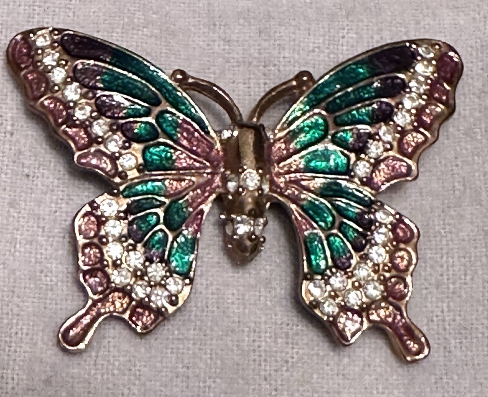 Butterfly Enamel Rhinestone Brooch Pin Gold Tone Green Purple Pink Clear 2 in