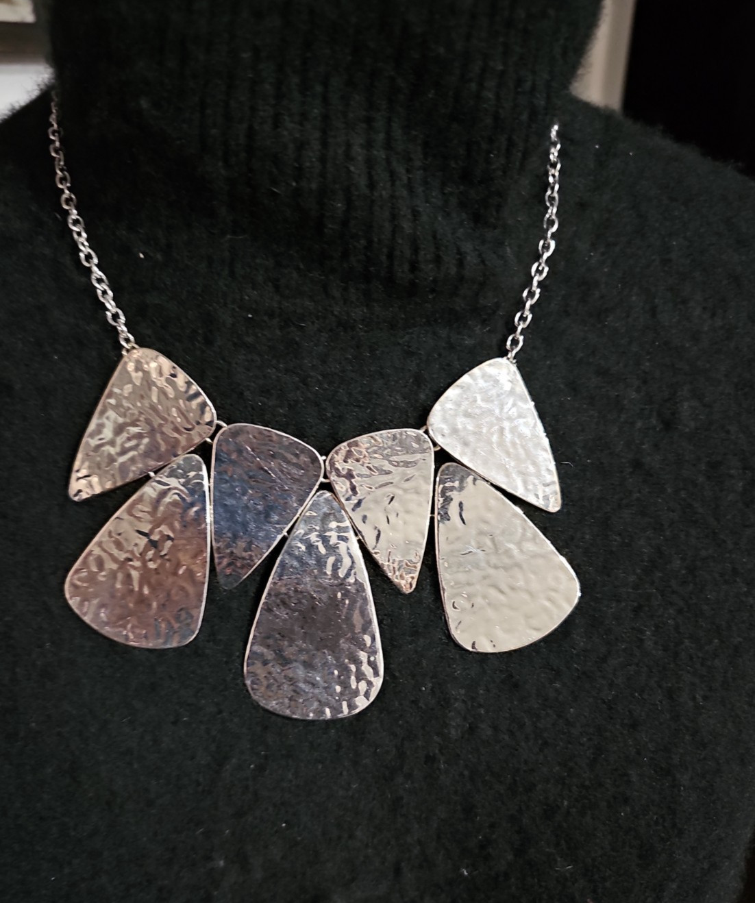 Silver Tone Hammered Metal Statement Bib Necklace Modern Geometric