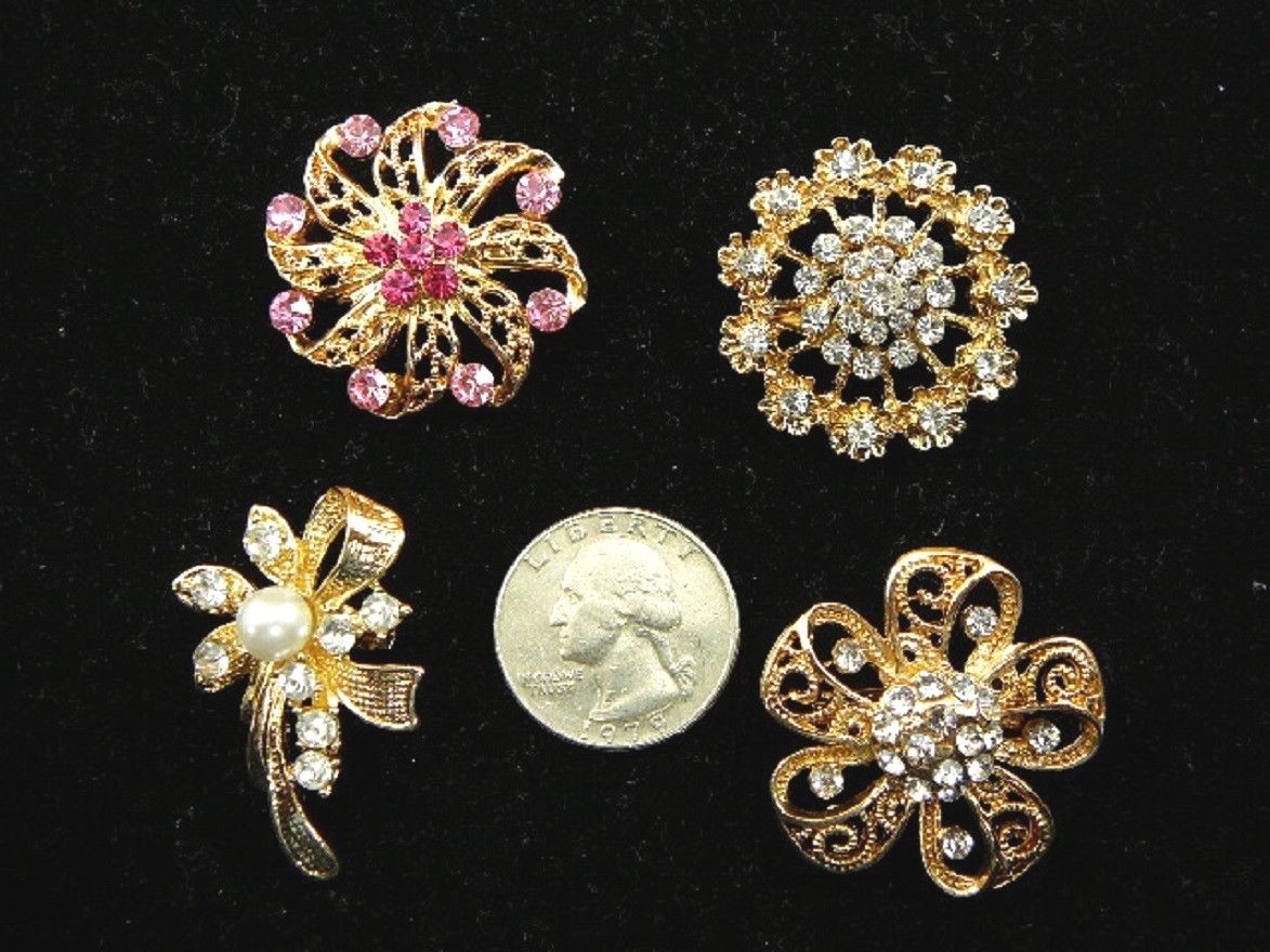 bb610-3) set of 4 white pink rhinestone pearl ornate floral gold brooch pin pins