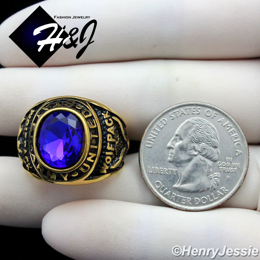 Stainless Steel US Army Military Gold/Black Plated Blue Rhinestone Oval Ring*100