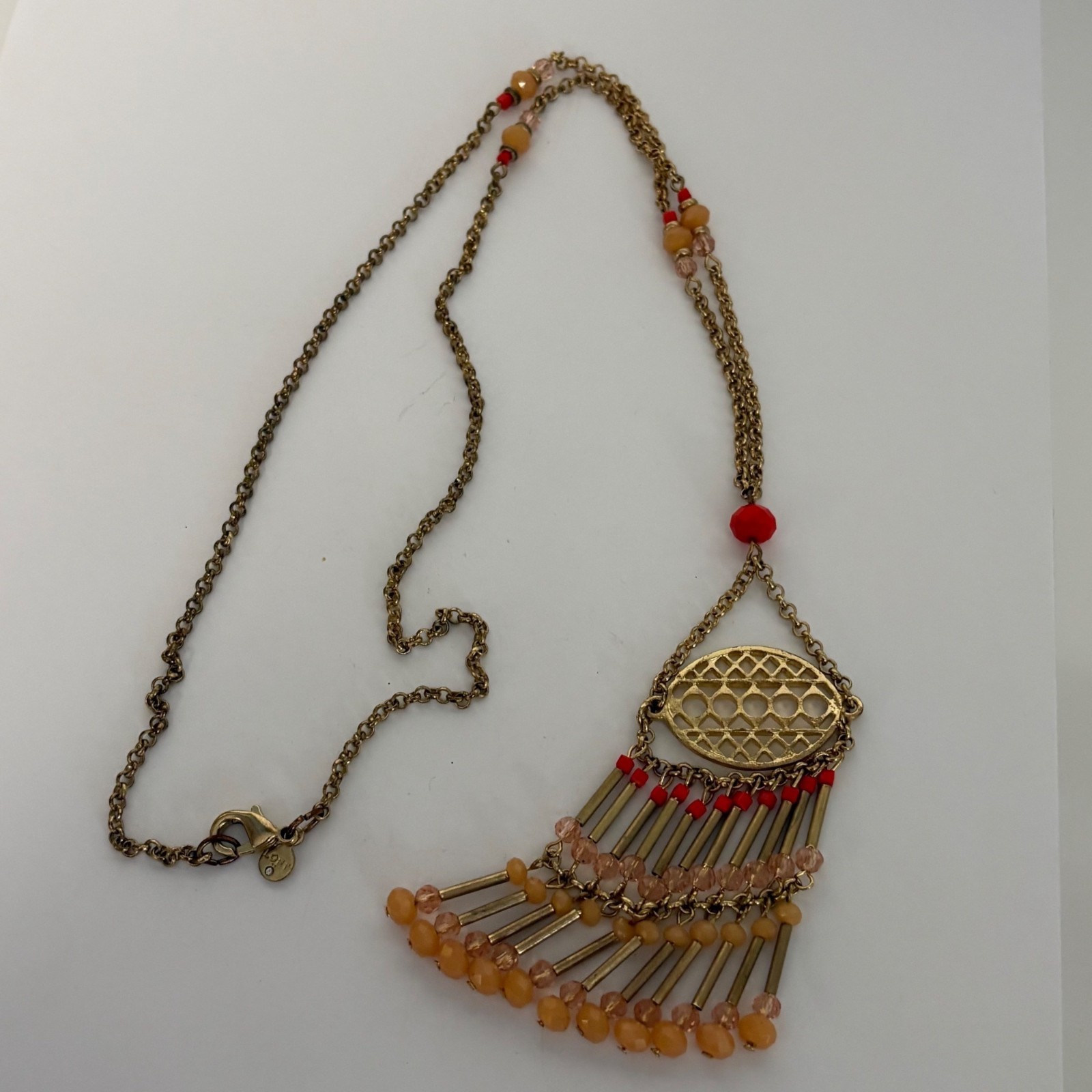 LOFT Gold Tone Beaded Fringe Statement Necklace Long 27 inch Boho Chic