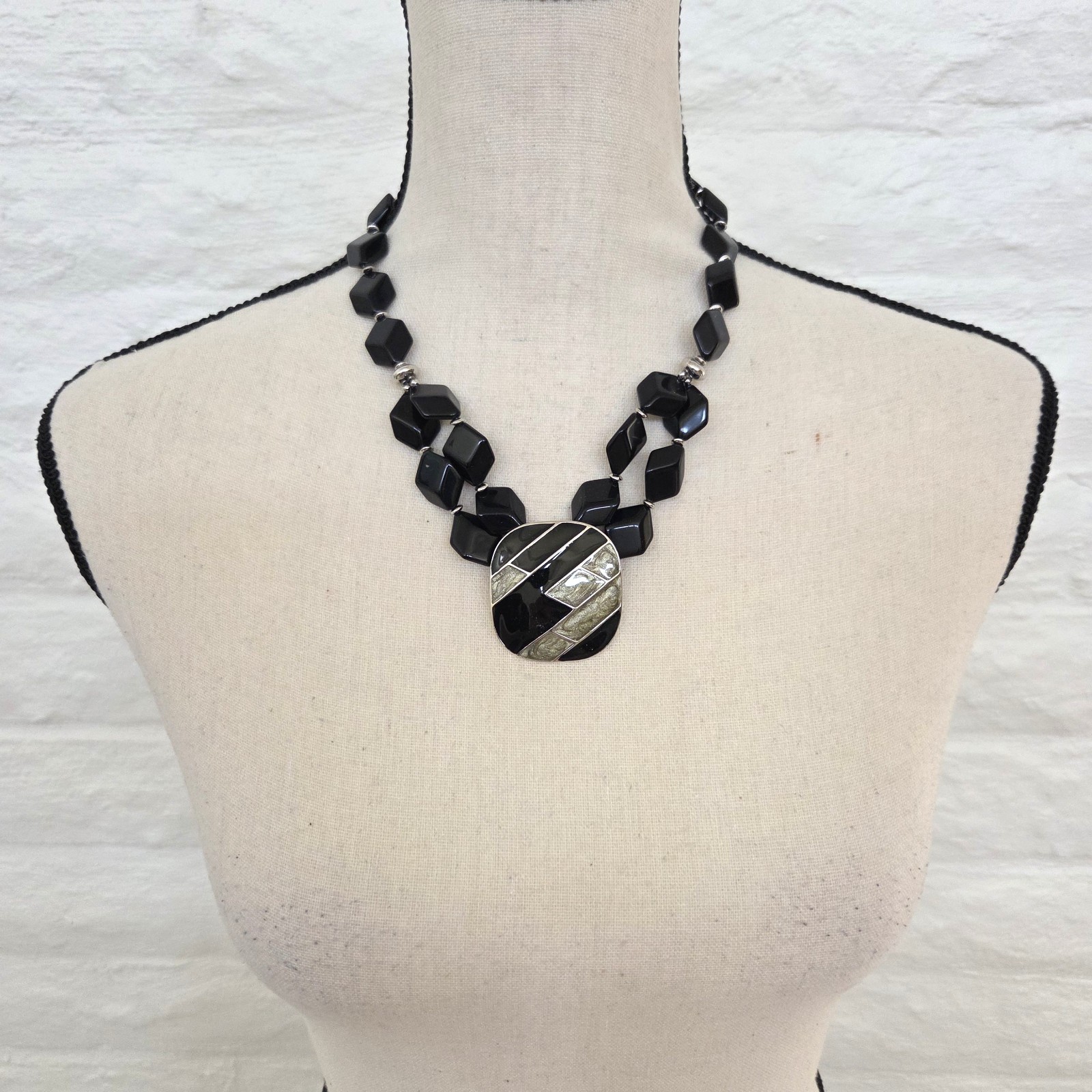 Statement Necklace Pendant Short Black Silver Beaded Stone Choker Dressy