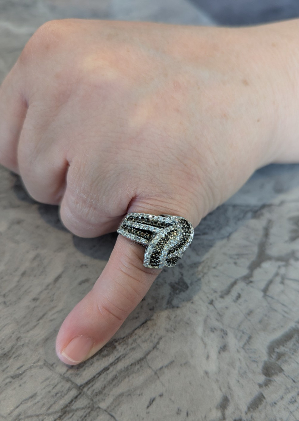 Two Tone Black & White Simulated Spinel Pave Crossover Statement Ring Size