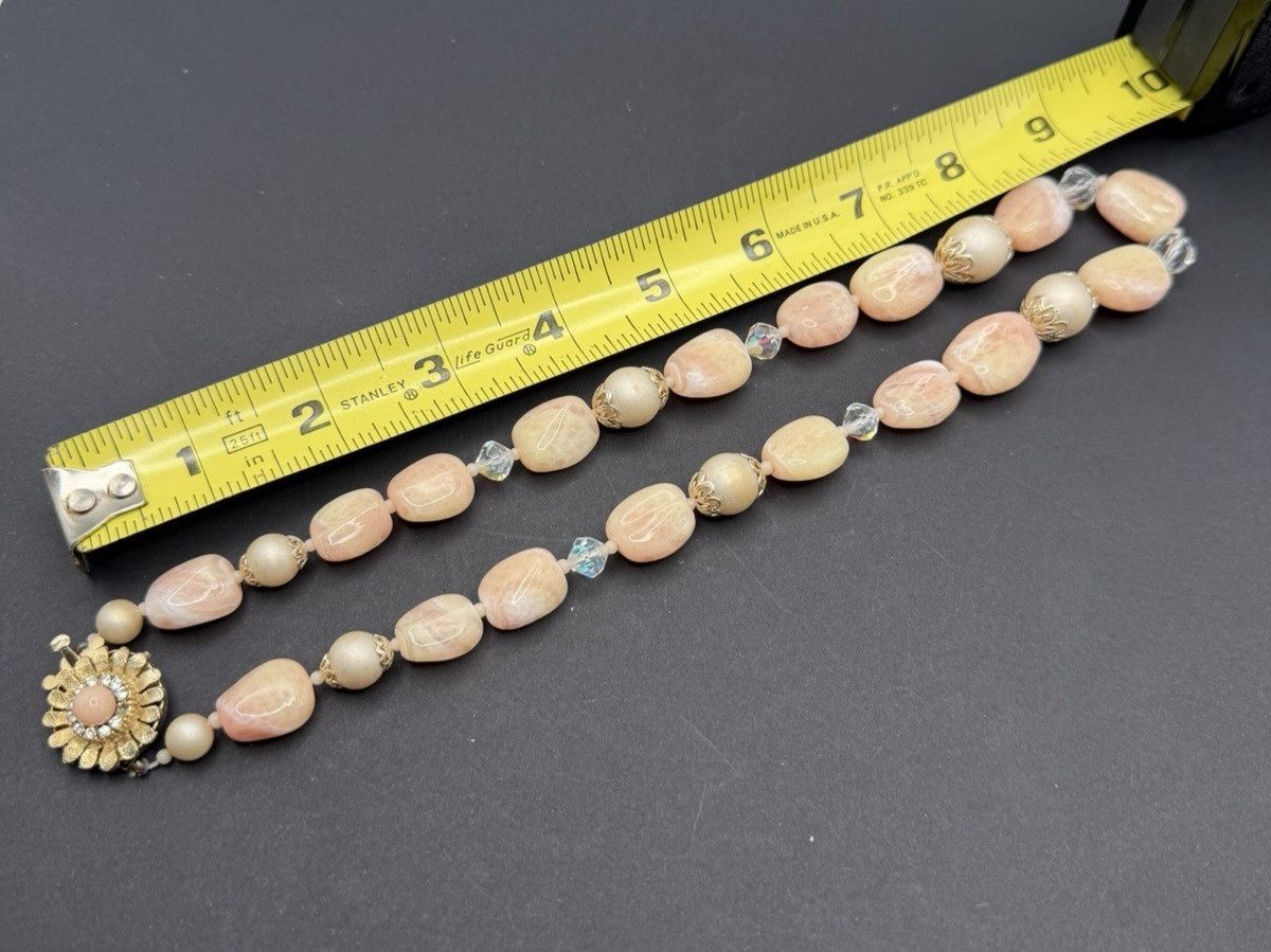 Pink Marbled Beaded Necklace Rhinestone Flower Box Clasp 19″ Japan Vintage