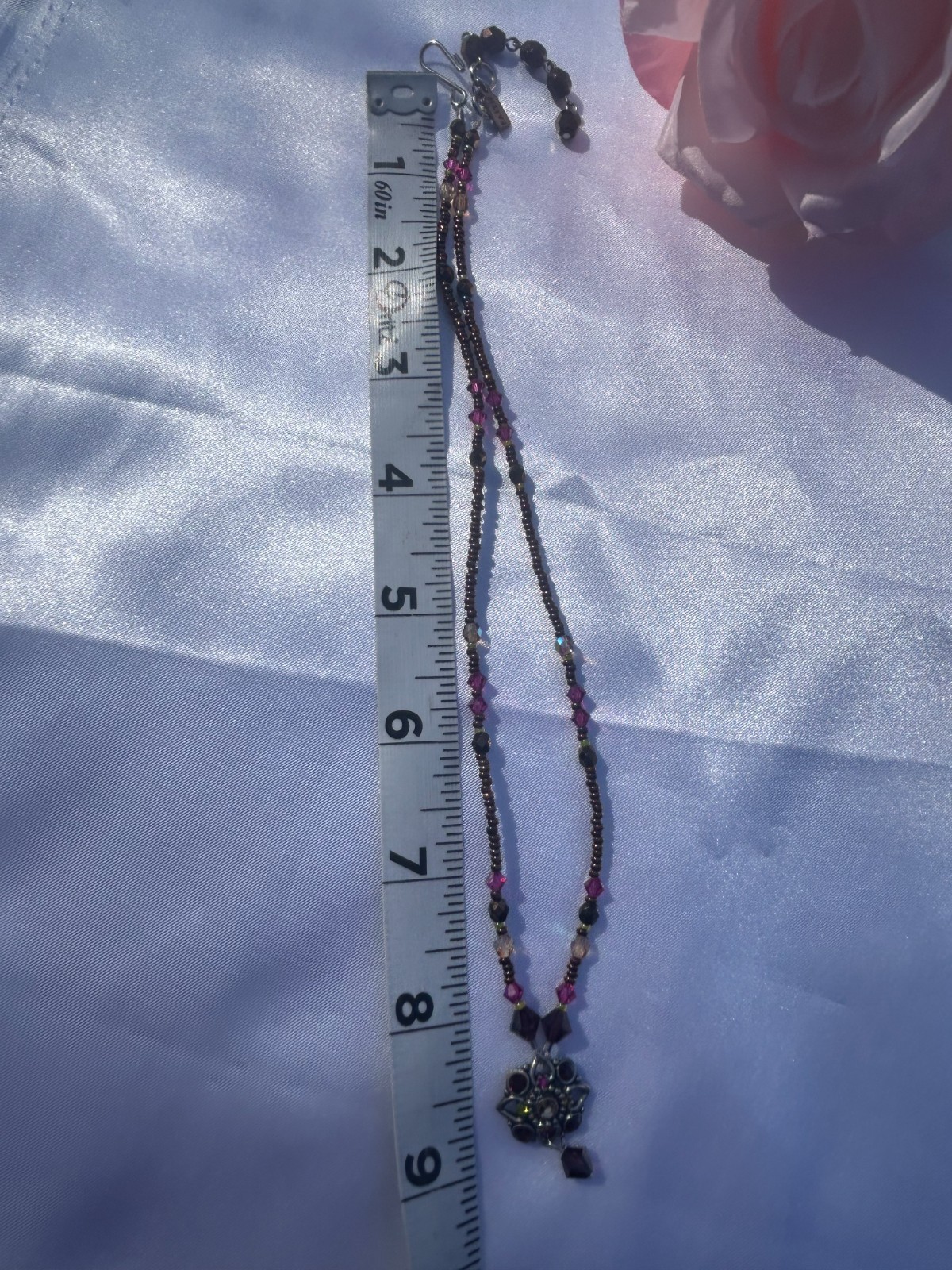 Whimsigoth Crystal Flower Pendant Necklace Fuchsia Brow Beaded Boho Jewelry.