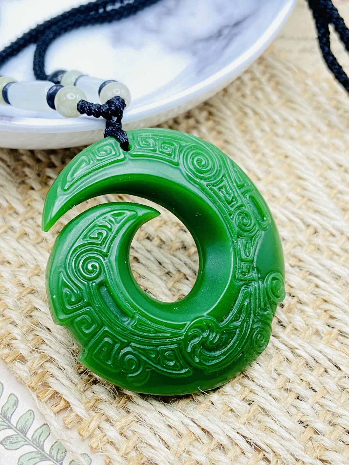 Green Jade Horn Charm Pendant Necklace W/ Beads Cord Handmade Carved Gemstone