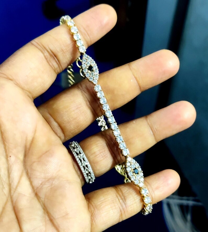 6 Ct Round Simulated Diamond Evil Eye Tennis Bracelet 925 Yellow Sterling Silver