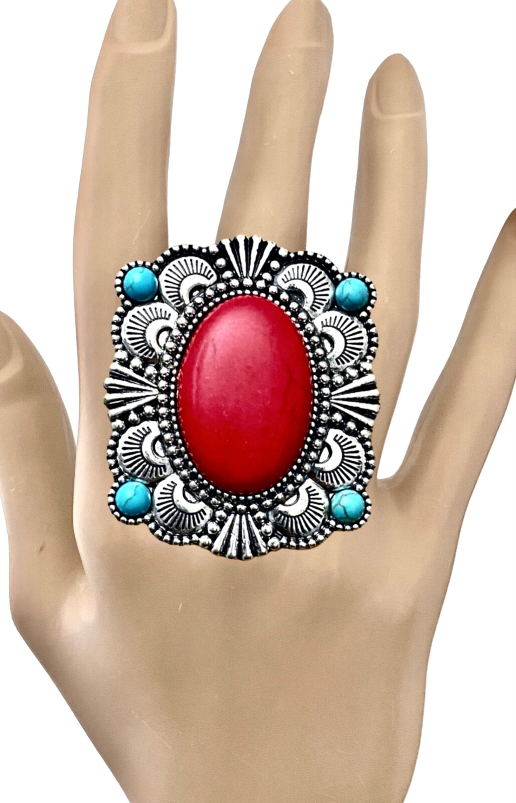 Big Adjustable Cocktail Statement Everyday Casual Ring Simulated Coral Turquoise