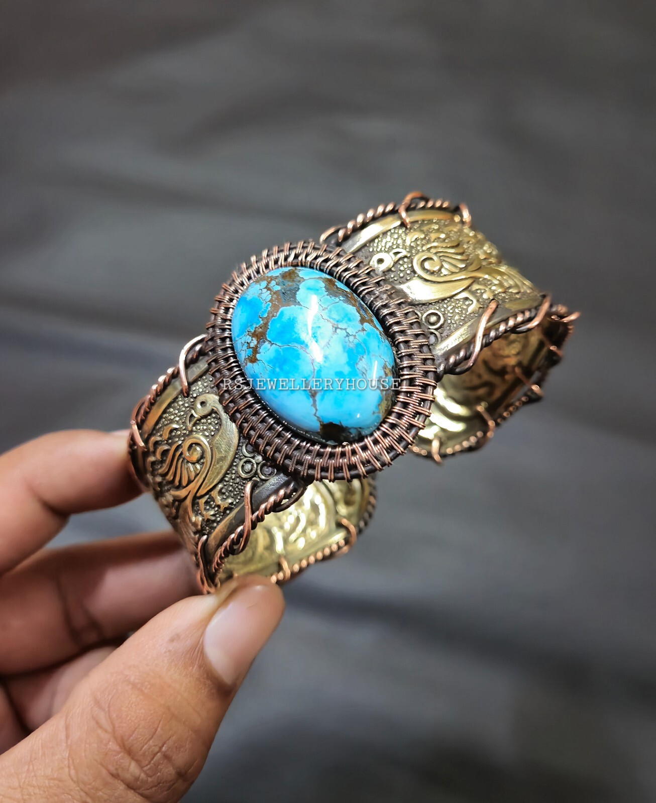 Tibetan Turquoise Two Tone Bangle Copper Wire Wrapped Adjustable Cuff Bracelet