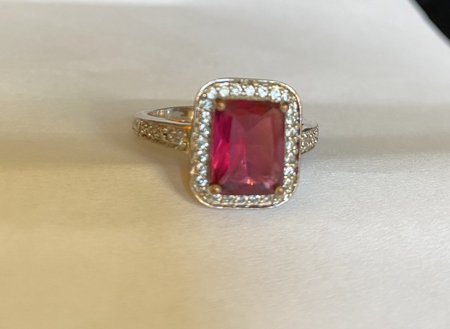 Silver Tone Square Pink Red Center Stone QVC Halo Cocktail Ring, Size 10