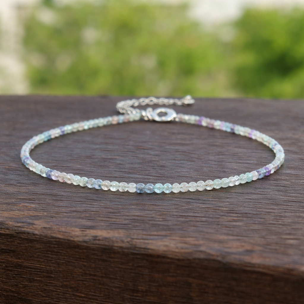 Natural Rainbow Fluorite Anklet 2mm Tiny Faceted Stone Beaded Healing Anklet