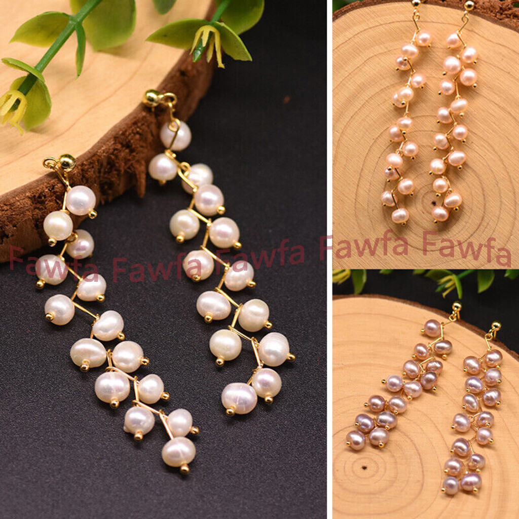 Women Natural White Pink Purple Baroque Freshwater Pearl Cluster Dangle Earrings