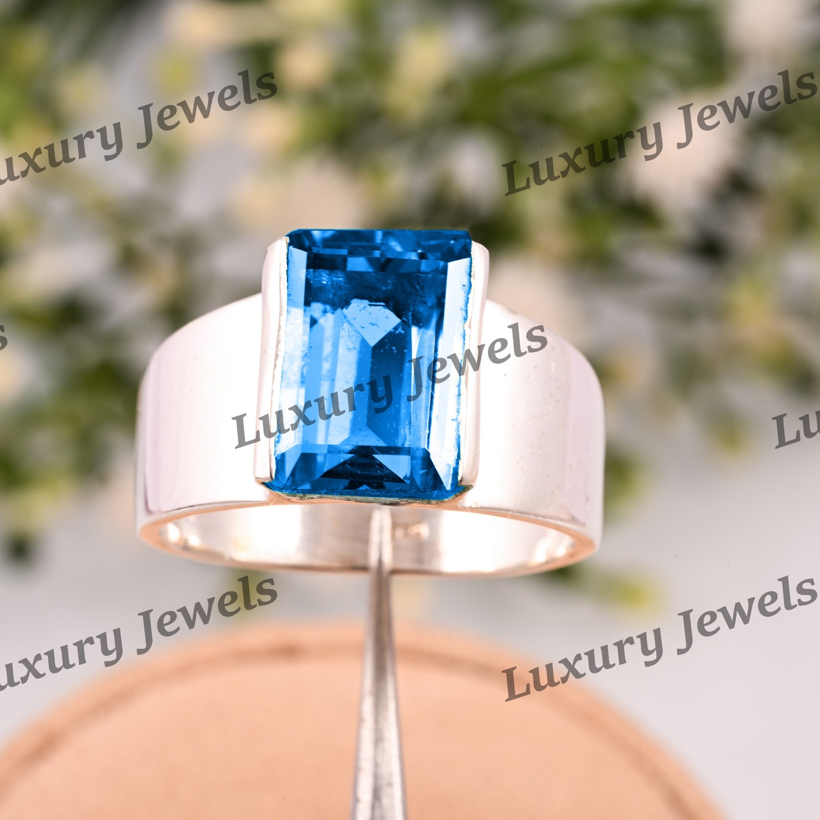 Luxury Swiss Blue Topaz 925 Sterling Silver Men’s Ring Artisan Handmade