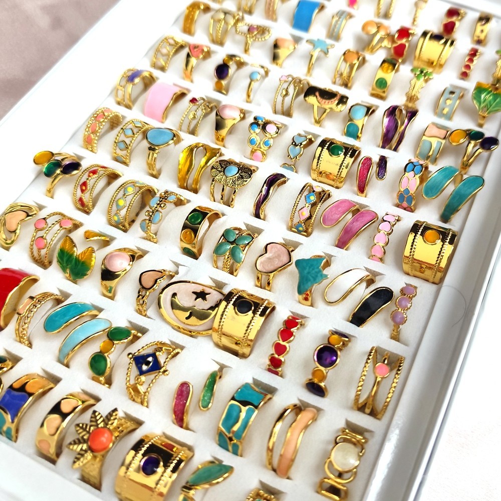 20Pcs Luxury Gold 316L Stainless Steel Color Enamel Wedding Party Ring Open-end