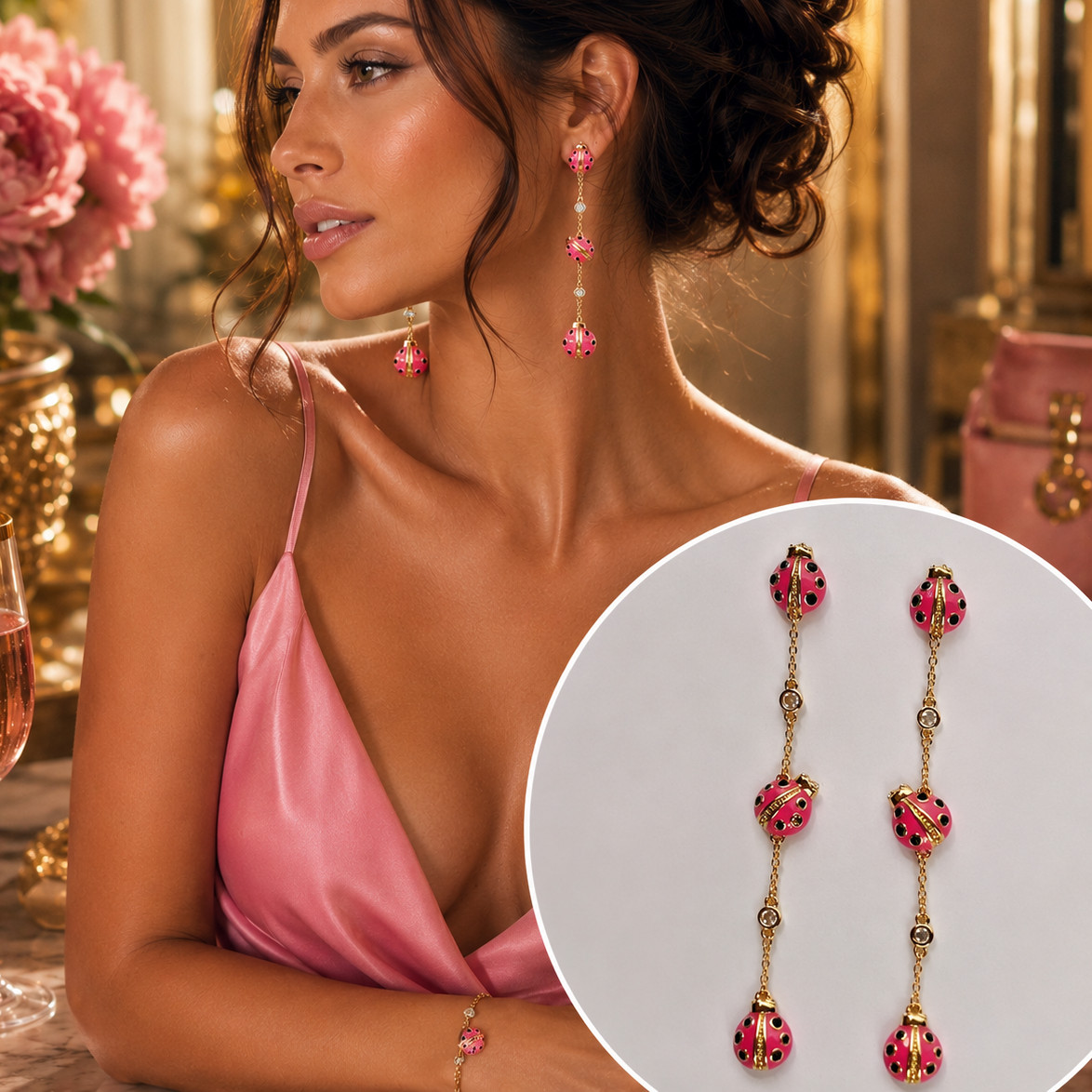 Kate Spade Pink Enamel Ladybug Linear Drop Earrings Crystal Gold Dangle NEW
