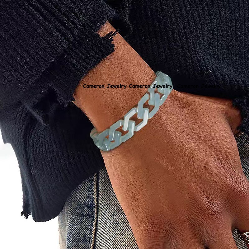 Real Grade A Natural Blue Jade Jadeite Bracelet Curb Link Necklace 5.9-24inch