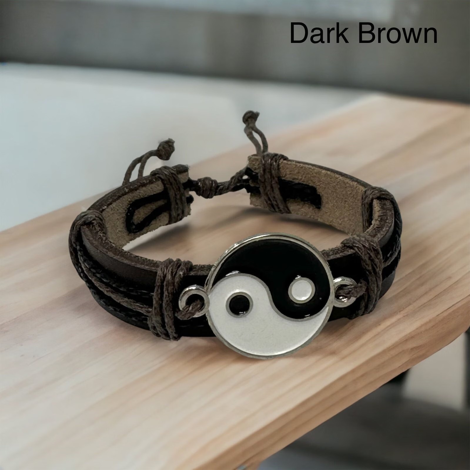 Yin Yang Leather Bracelet Adjustable Unisex Handmade Balance Symbol 6-10in